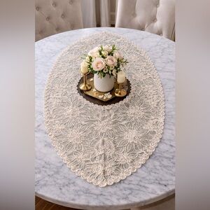 Large Beaded Lace Oval Table Topper Centerpiece Overlay 38" Elegant Floral